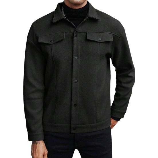 Men Jacket Woolen Lapel Design Long Sleeve Solid Color Coat with Flap Pockets Design