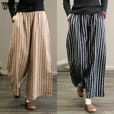 Künstlerische Baumwoll- und Hanfgestreifte Weitbein-Hose Sommer Damen Übergröße Lässig Gerade Neun-Längen-Hose