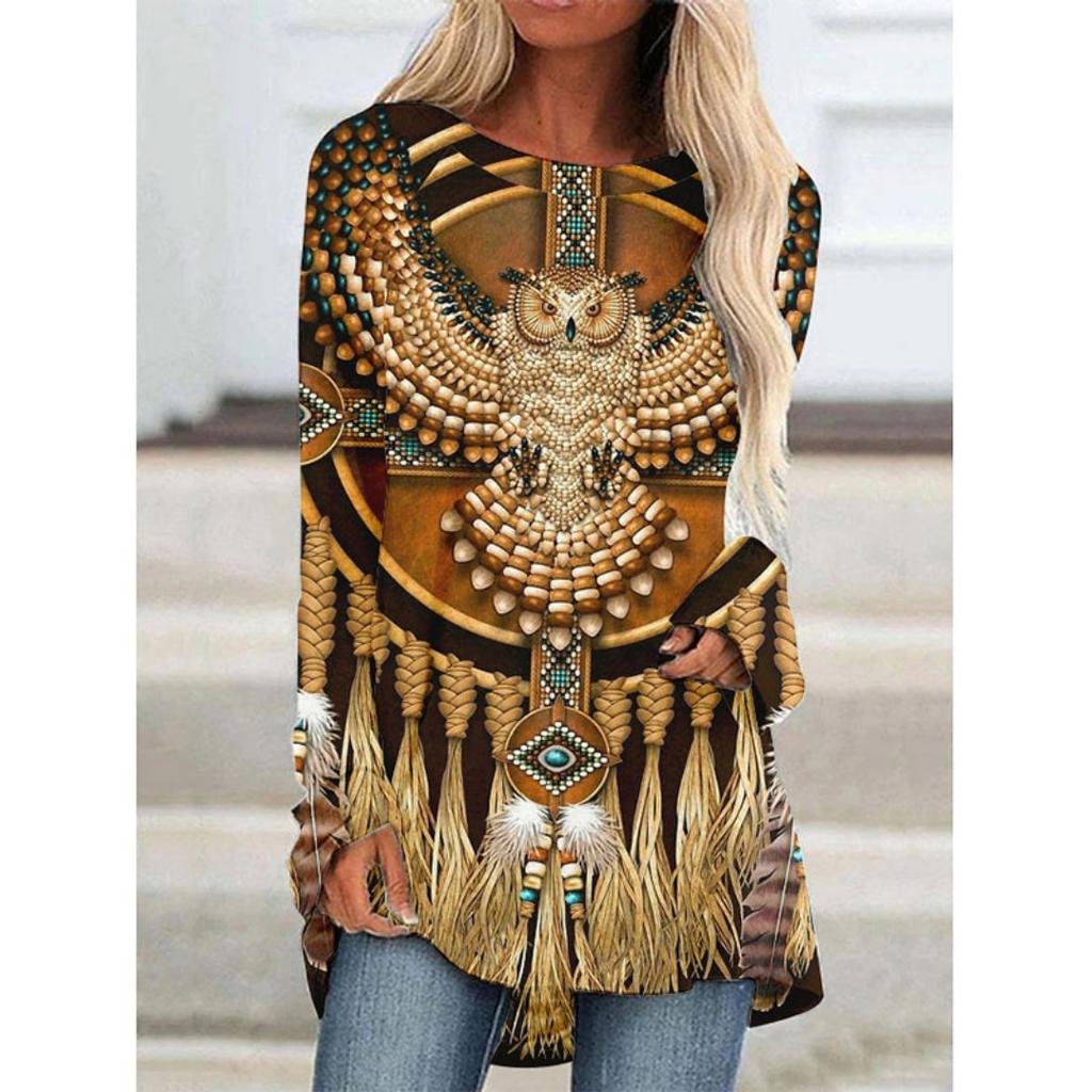 Western Aztec Ethnic 3D Print Langermede T-skjorter Bohemian Women Vintage Fashion T-skjorte Oversized Streetwear T-skjorter for kvinner Topper