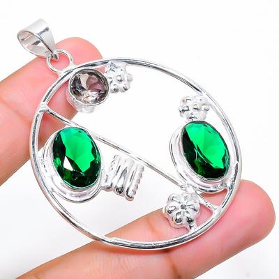 Natural Chrome Diopside, Smoky Topaz 925 Sterling Silver Pendant 2.25" O3u49