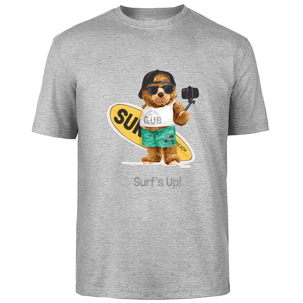 

Футболка Surf Selfie Bear Print Summer из 100% хлопка для мужчин, дышащая, высокого качества, для активного отдыха, модная мужская уличная одежда