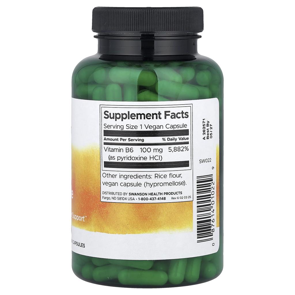 Vitamin B6 Pyridoxin, 100 mg, 250 Gemüsekapseln