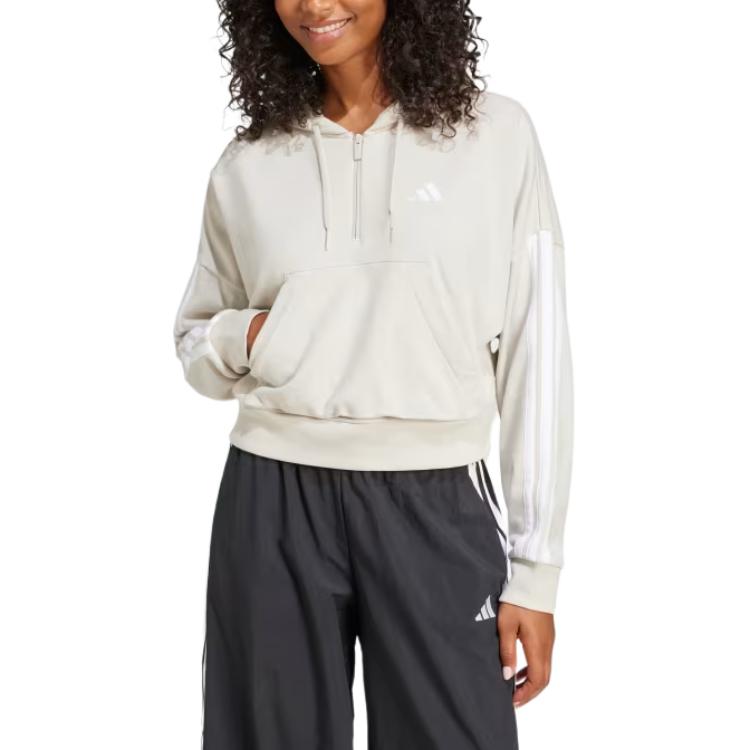 Adidas Essentials 3-Stripes French Terry Quarter-Zip Hoodie Wonder Alumina/White Women Streetwear JN1958