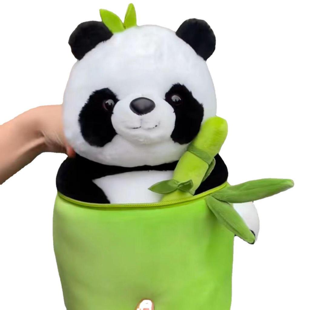 Bamboo Tube Panda Plush Toy with Flower Pillow