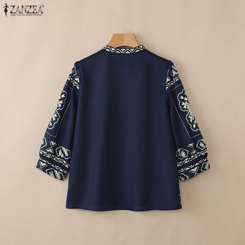ZANZEA Women Bohemian Print Casual V-Neck 3/4 Sleeve Loose Blouse