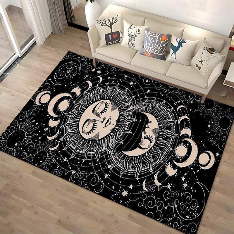 Vintage Black Moon and Sun Pattern Rug with Celestial Design Suitable for use as an anti-slip for living room bedroom sofas
