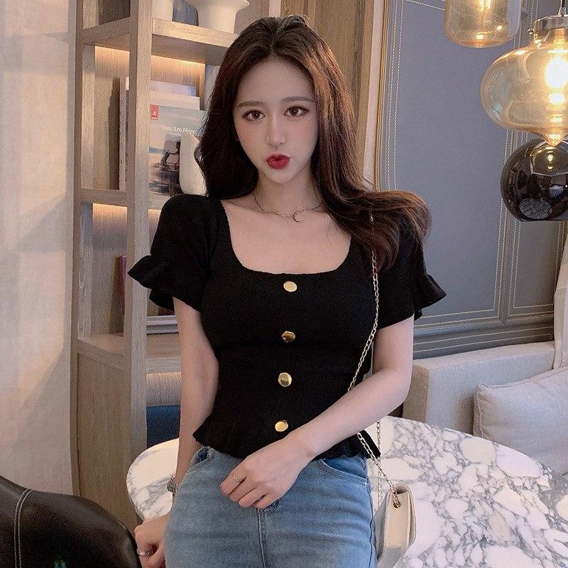 Women Summer Knitted T-shirt Tops Square Collar Short-sleeved Slim Ruffled Ice Silk Outer Wear Short Solid