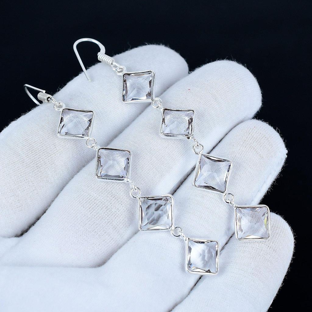 White Topaz Gemstone Earrings, 925 Sterling Silver Earrings, Handmade Silver Earrings For Gift, White Topaz Dangle Earrings New Year Gift
