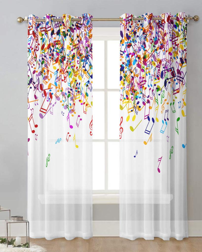 Music Musical Note Colorful Sheer Curtains for Living Room Decoration Window Curtains for Kitchen Tulle Voile Organza Curtains