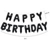 HAPPY BIRTHDAY letter balloons, black, in English, with Roman alphabet, perfect for birthdays or other special occasions.