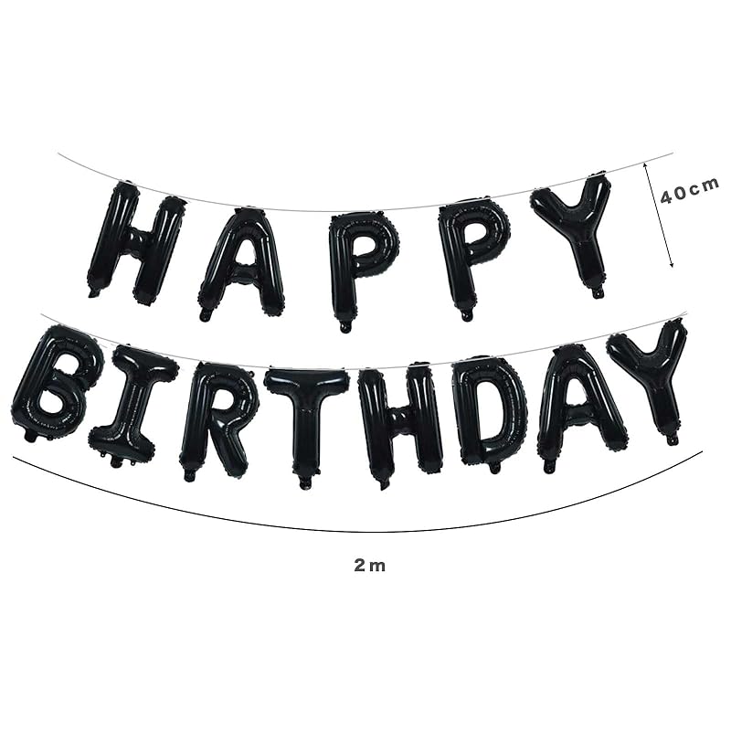 HAPPY BIRTHDAY letter balloons, black, in English, with Roman alphabet, perfect for birthdays or other special occasions.
