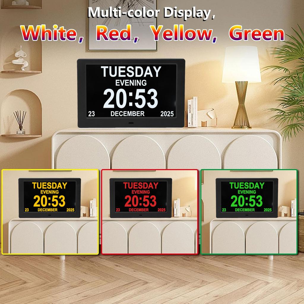 Digital Calendar Clock Wall Mounted 16:10 8in Large Display Date Time with Reminders Day Night Dimmable Key Remote Control Desk