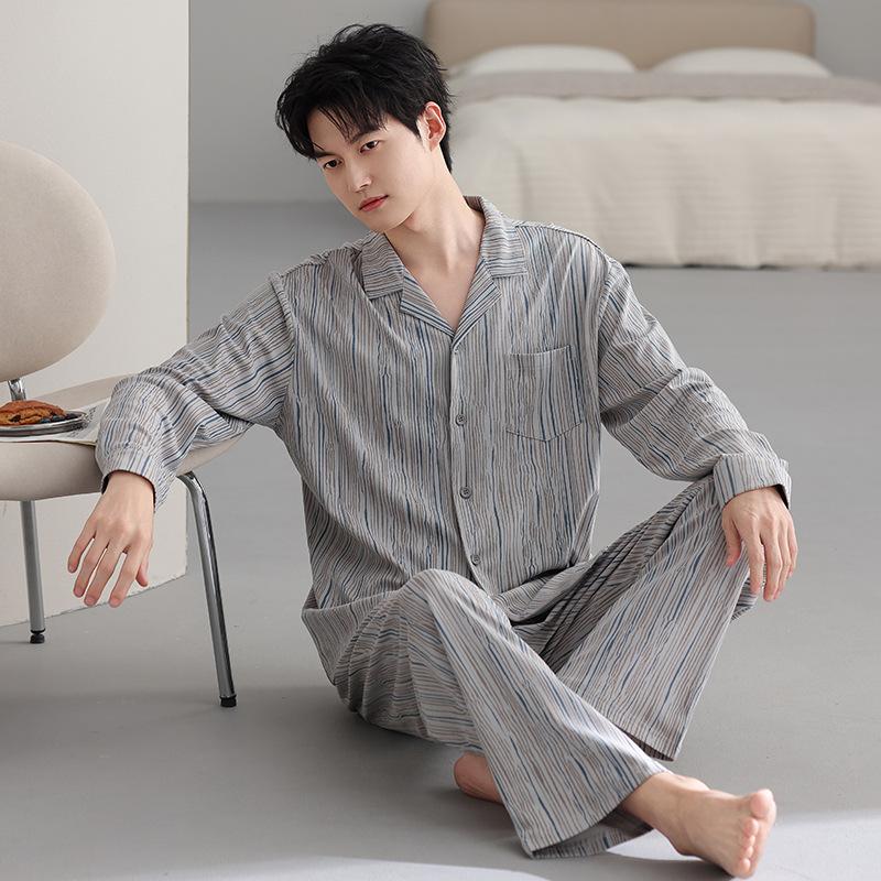 Men's pajamas spring and autumn pure cotton long-sleeved cardigan spring and autumn men's dad plus size cotton loungewear set