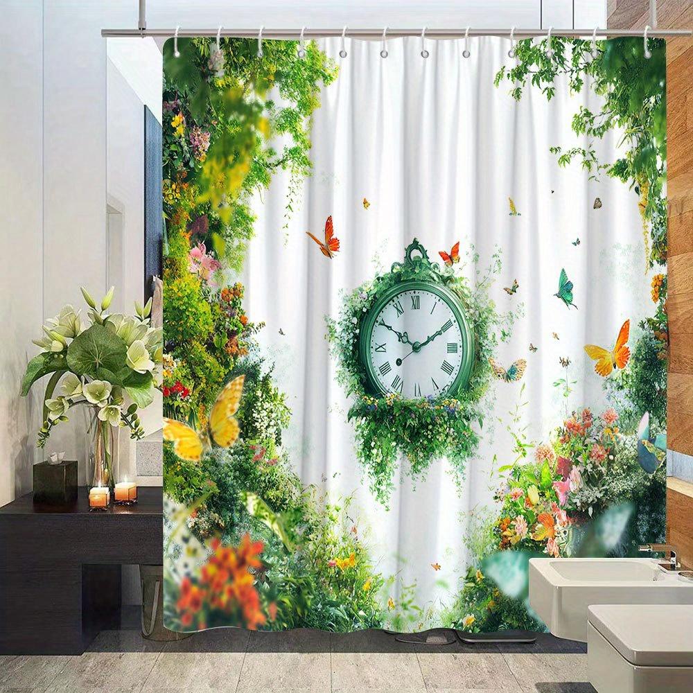 Clock Theme Shower Curtain - Lifelike Butterflies, Flowers & Plants, Green Clock Design, Polyester Bathroom Decor, 12 Hooks