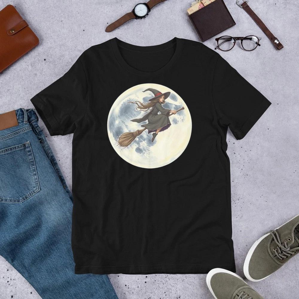 Witch Flying on Broom Halloween Full Moon Women Youth Kids Unisex t-shirt 120