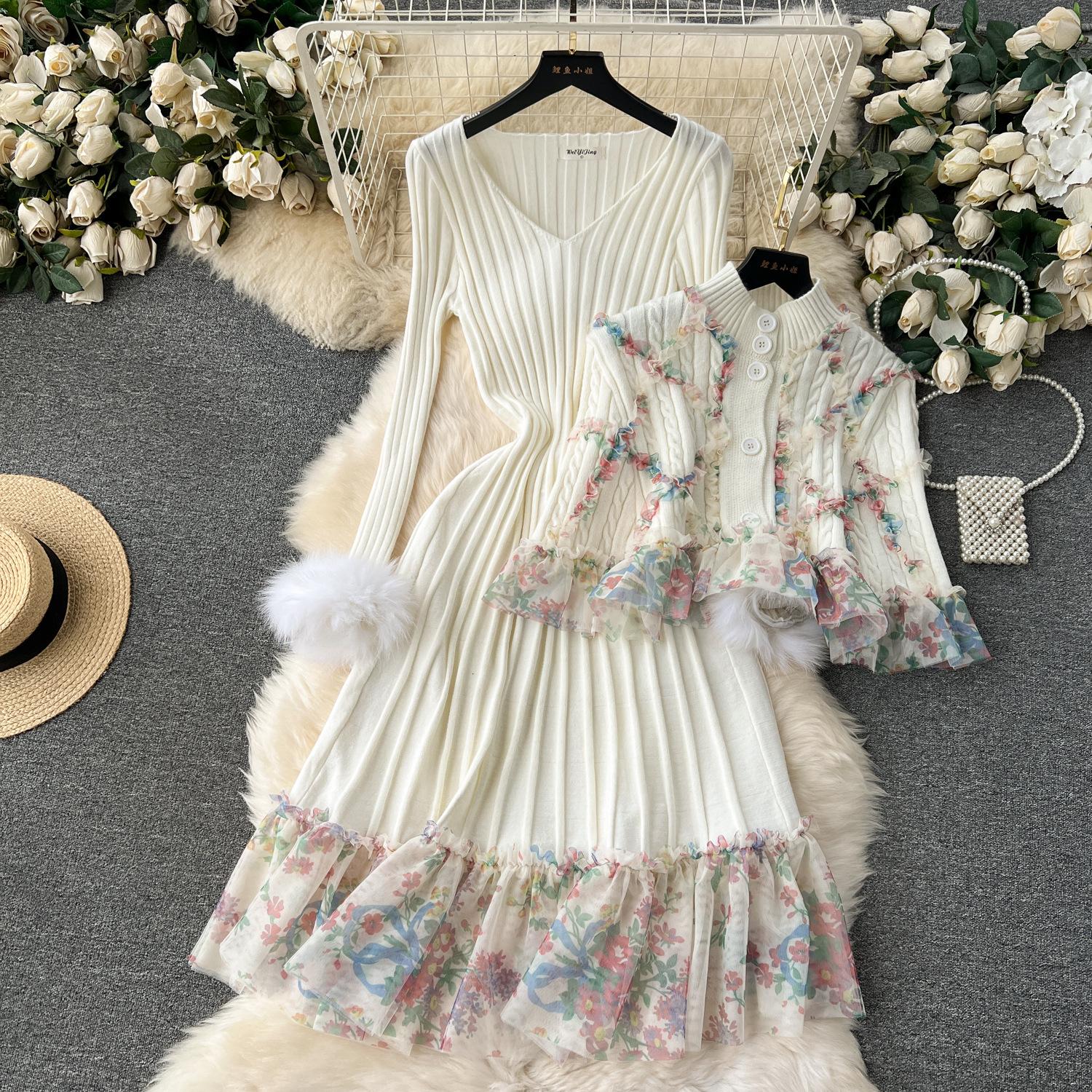 

Милый французский стиль плащ рукава принт комплект кардиган кружево пэчворк тонкий оборки платье плиссированный трикотажный костюм грибной мех женский One Size