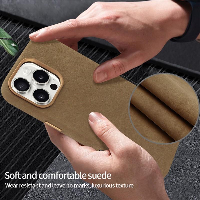Premium Leather Magnetic Attraction Case For iPhone 15 16 17 Pro Max Air High-end Suede Metal Buttons Camera Protection Cover