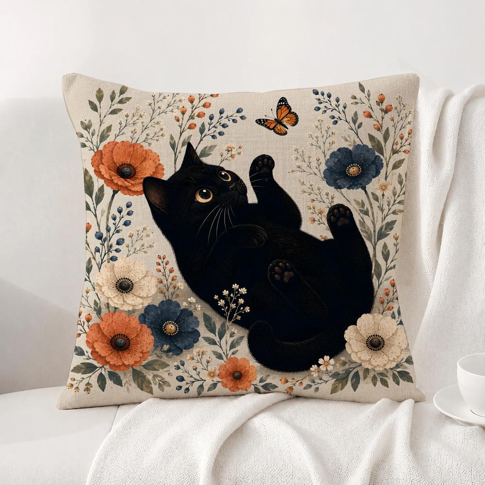 Art Black Cat With Flower Cushion Cover Natural Linen Pillowcase Set AllinOne Decor Cushion Cover for Sofa Bedroom Chair