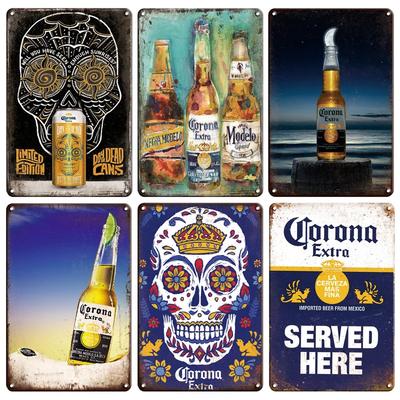 CORONA EXTRA Kovová plechová cedule Vintage pivní plakát Dekorativní plakety Retro Pub Bar Dekorace Talíř Lebka Kovová cedule Samolepky na zeď