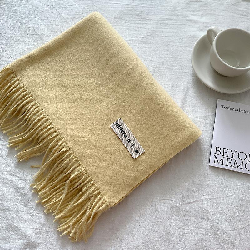 Flowing Fringe, Color-blocked, Simple Design, Faux Cashmere-like Scarf, Winter-thick, Cape-style, Student-friendly, Solid Color.