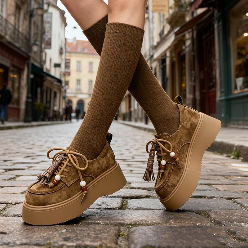 

Thick-soled heightening lace-up Birkenstocks women s 2025 autumn new retro soft-soled casual versatile low-top loafers 40 коричневый