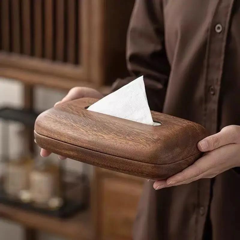 Walnut Wood Tissue Box Cover Holder, Rectangular Design with Removable Lid, Table Decoration Storage Box Kitchens Accessories
