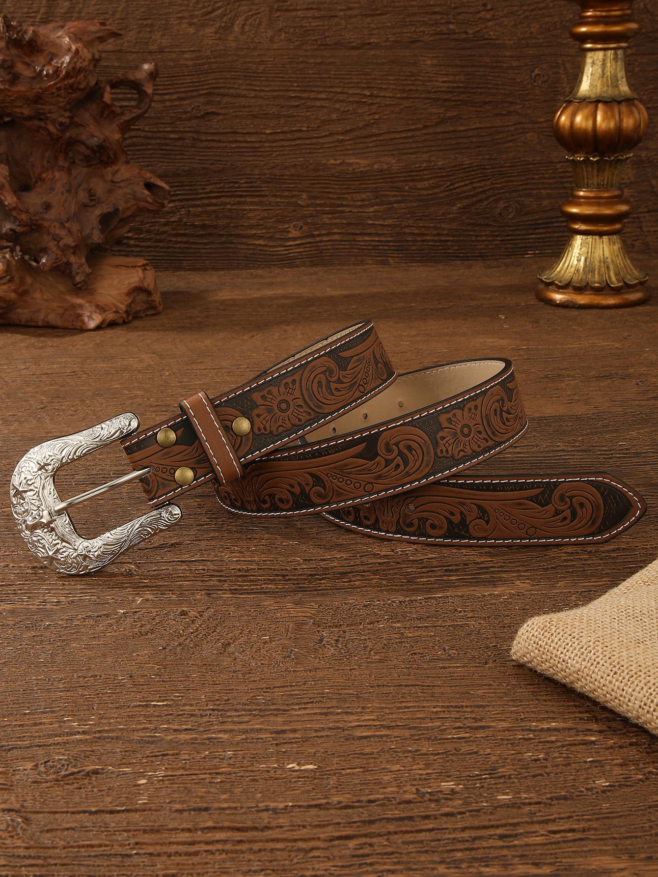 Adjustable PU Leather Waist Belt with Three-Dimensional Floral Pattern and Porous Alloy Elegant Plastic Belt