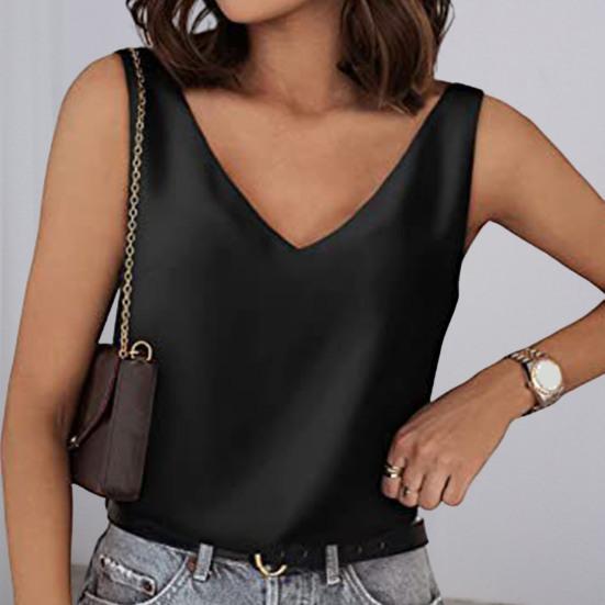 Women Tank Top V-neck Solid Color Sleeveless Low-cut Loose Daily Wear Pullover Satin Women Summer Vest Women Clothes