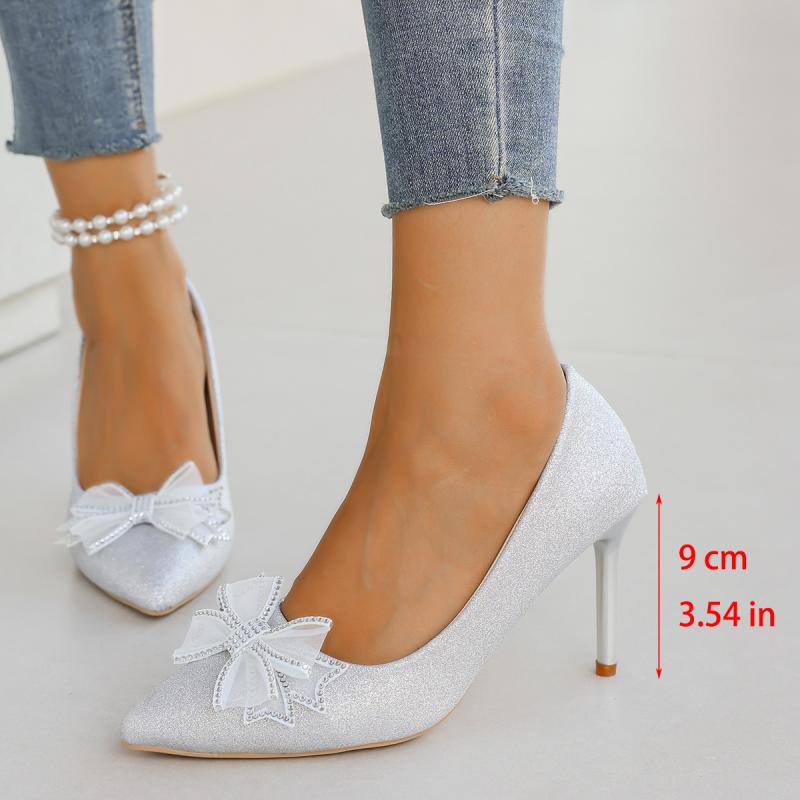 Fashion Brand Design Bowknot Decoration Pumps Women 2025 Summer Sexy Pointed Toe Super High Heel Pumps Luxury Glitter Wedding Shoes