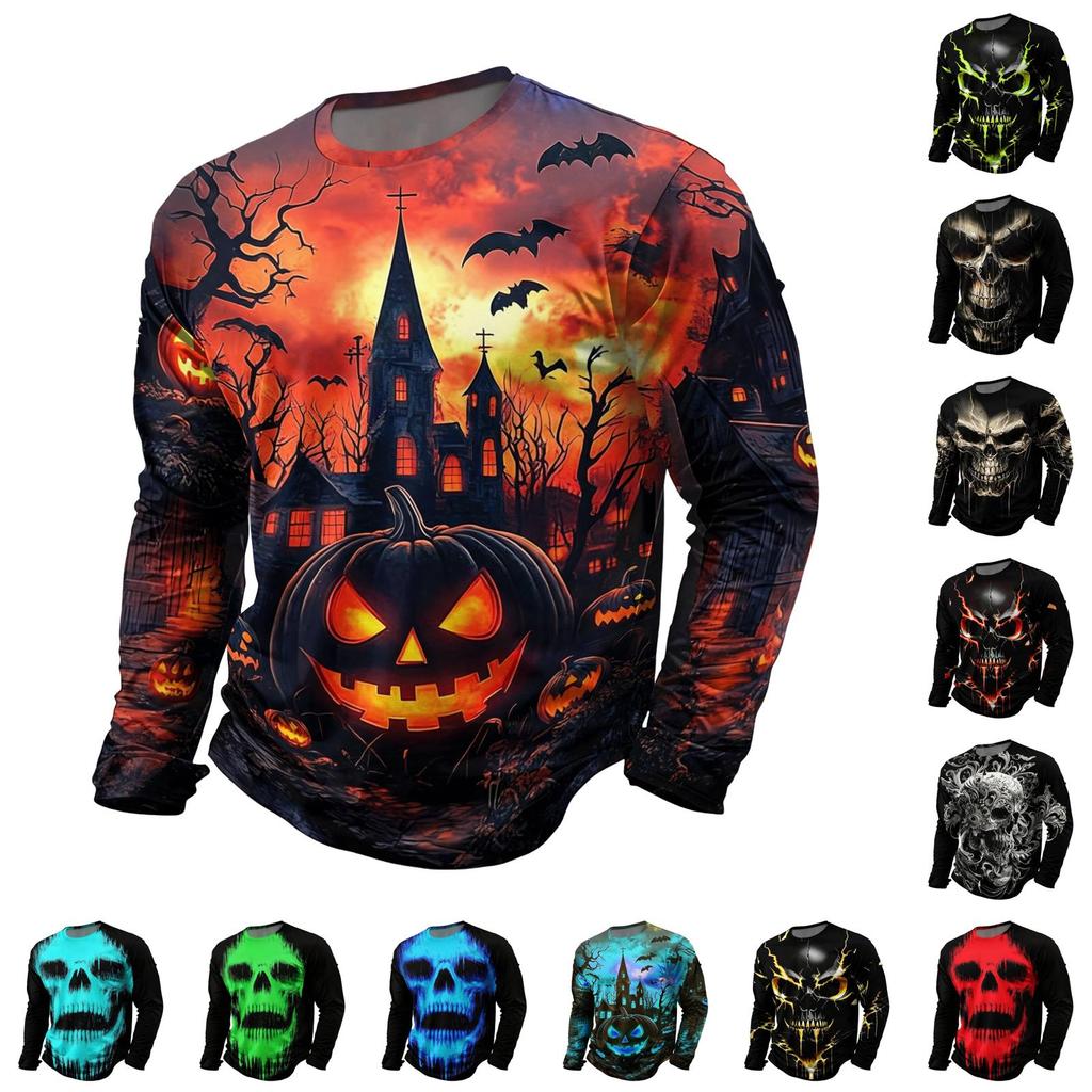 Men's Halloween Print Long Sleeve Round Neck T-Shirt Fashionable Top