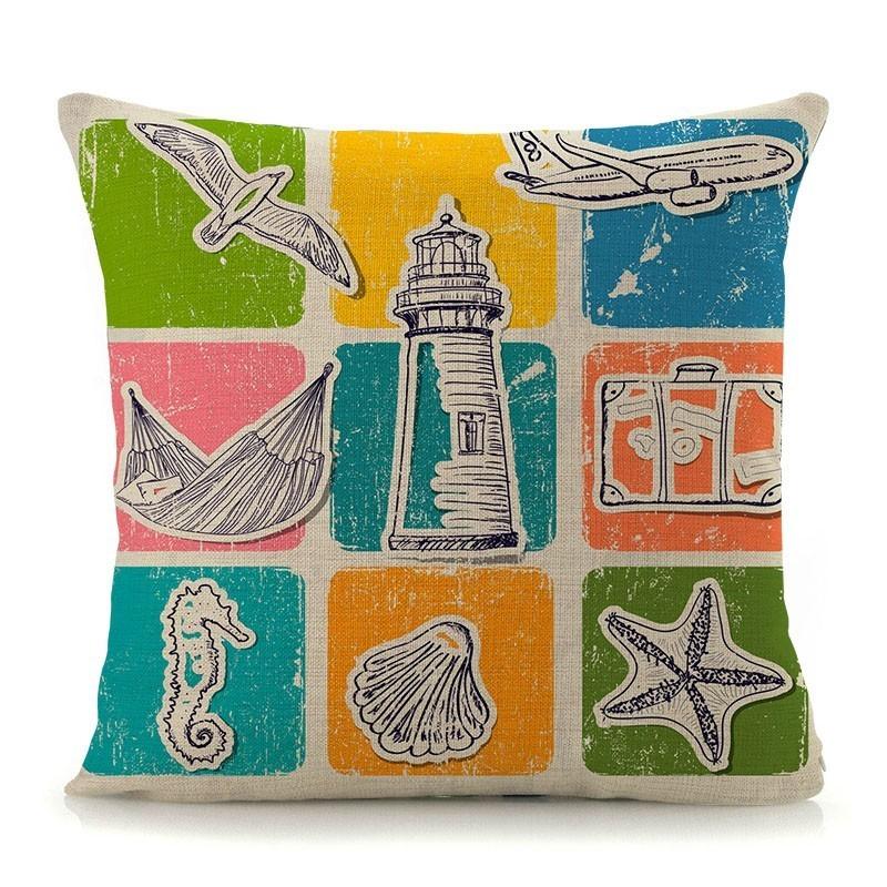 Mediterranean Lighthouse Ocean Sailing Print Home Decorative Cushion Cover Cotton Linen Pillow Case For Sofa Bed Chair 45X45Cm