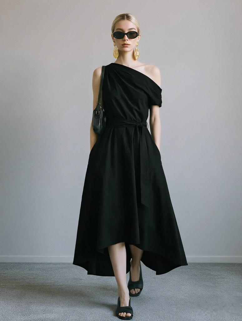 New Summer/Fall Collection Elegant Off-the-Shoulder Waist-Cinched Tie-Front Dress with Asymmetrical Hem for Women