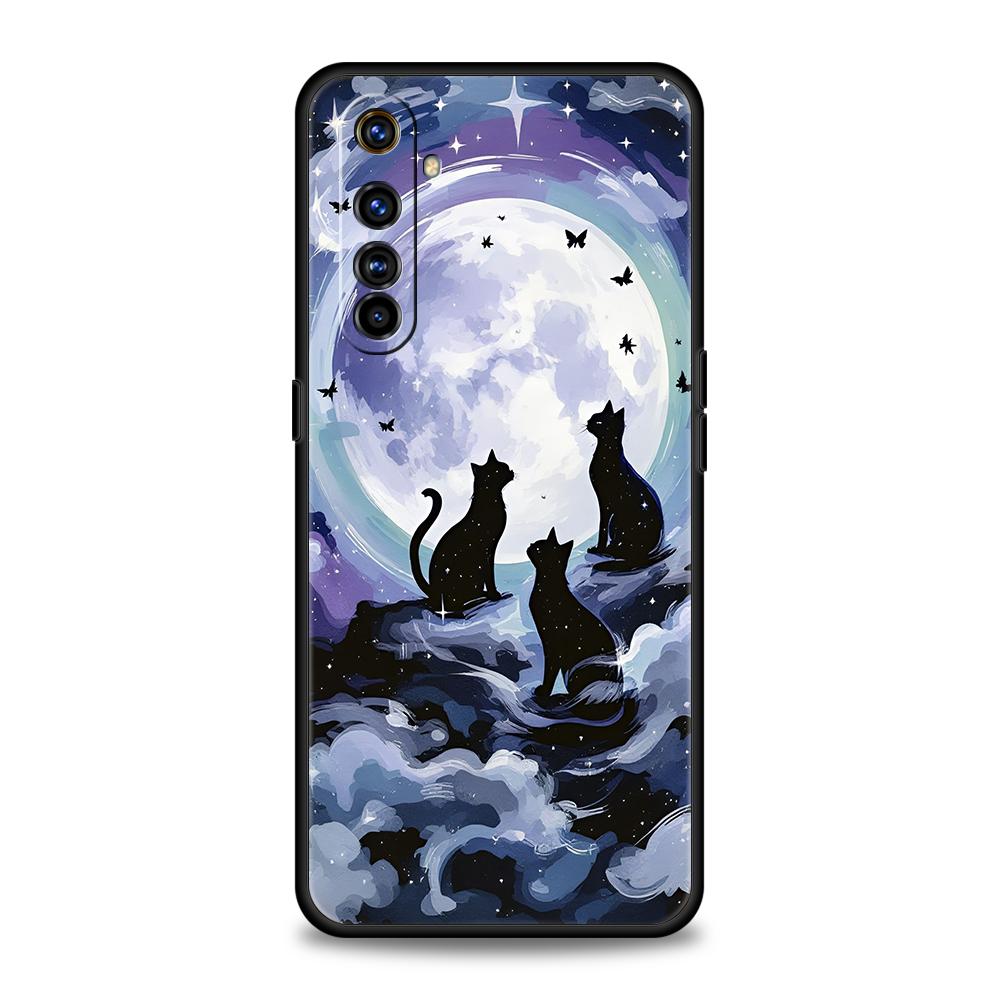 Soft TPU For Realme 11 10 9 Pro Plus GT2 GT3 GT5 C21 C25 C35 C53 C55 C67 Pro 5G Phone Case Cute Color Starry Sky Black Cat Capas