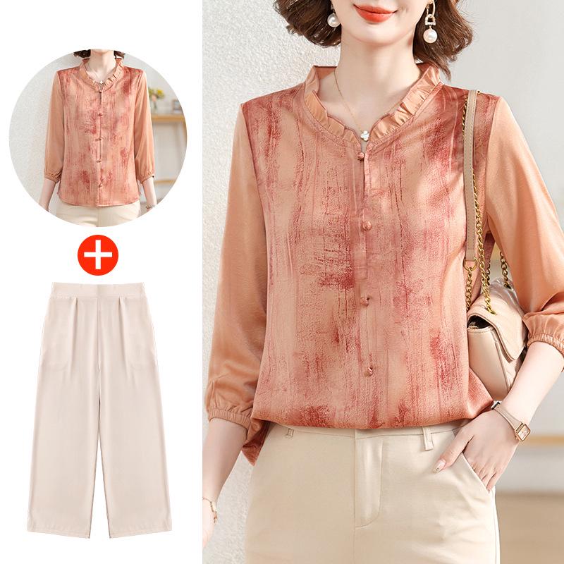 2025 New Spring/Autumn Fashion Set for Middle-Aged Women: Seven-Sleeve Chiffon Blouse