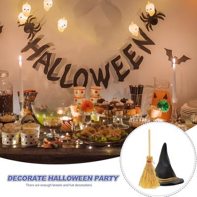 12PCS/Set Mini Witch Hat Crafts Halloween Small Broom Children Miniature Brooms Halloween Decoration for Home Party Wedding