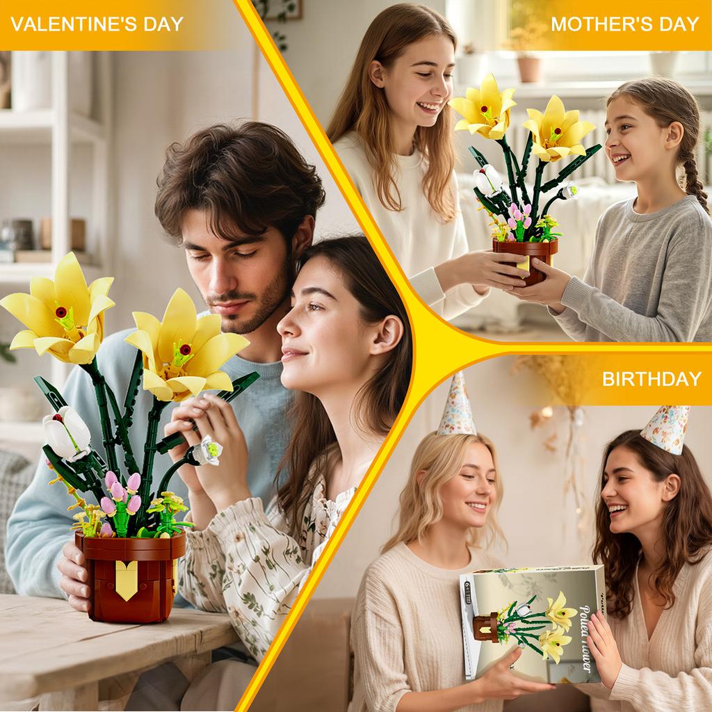 Non-Toxic 296Pcs Lily Flower Potted Plant Building Block Flower Model Puzzle Toys Sets New Year Christmas Birthday Gifts