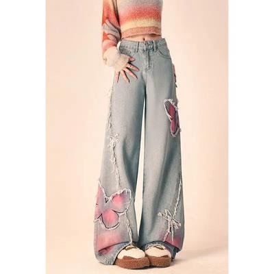 2024 American Vintage Summer New Print Design Plush Edge Jeans Women's Button Zipper Pockets Wide Leg Straight Pants