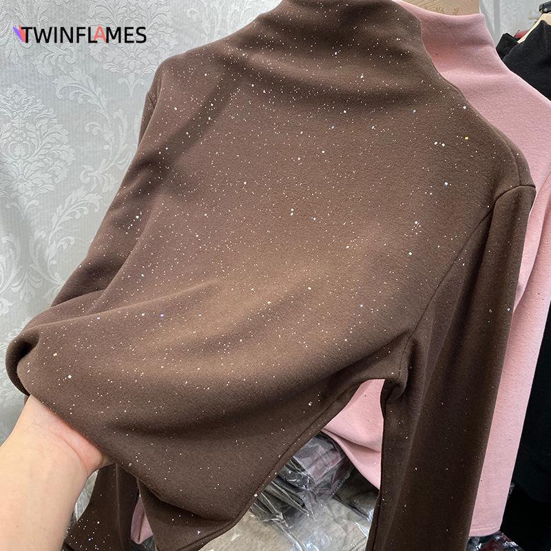 Zimní Dámská Móda Top Třpytky Dámské Nové Tlusté tričko se zapínáním na polovysoký výstřih, dlouhý rukáv Basic All Match Trička