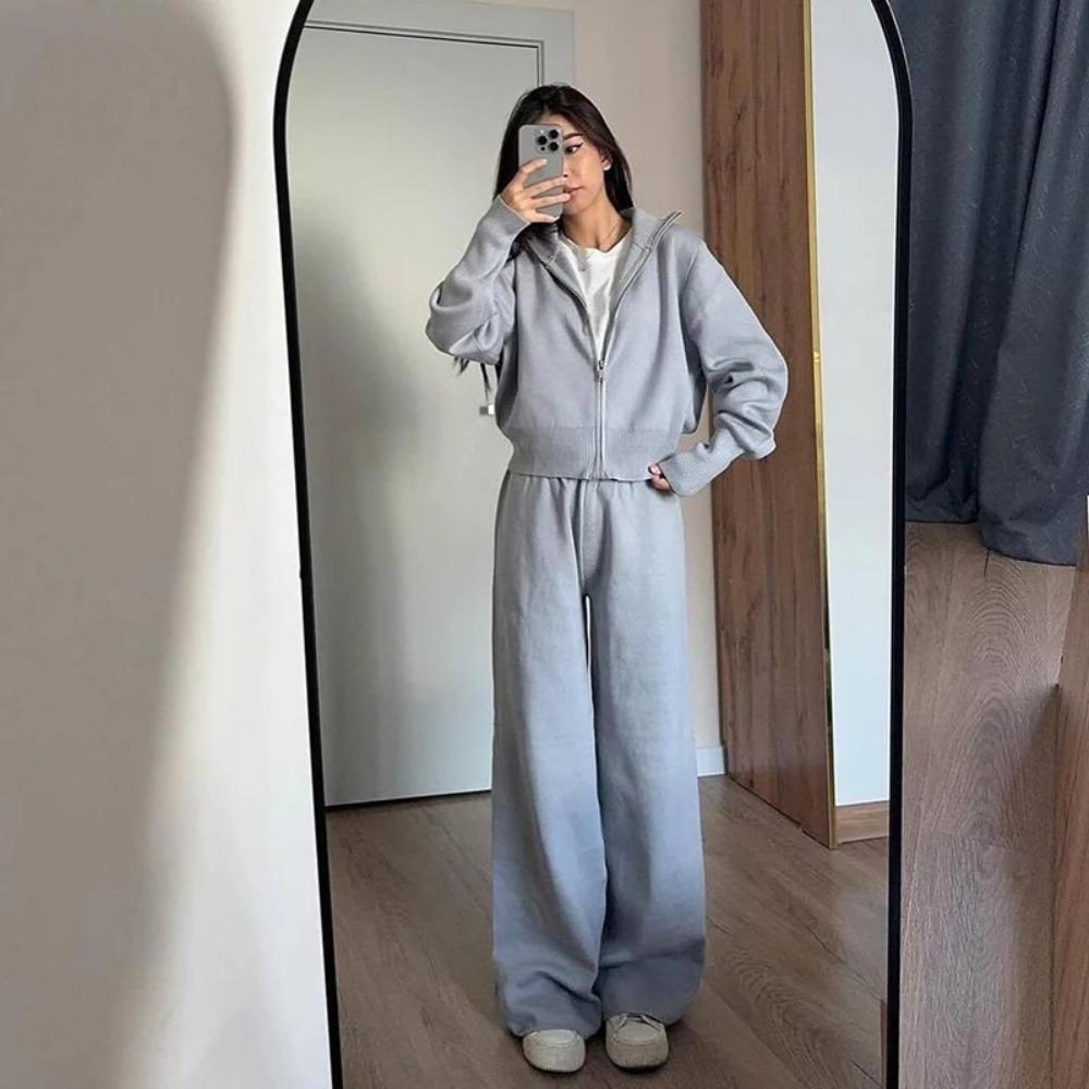 Lady Solid Tracksuit Casual Knitted Cardigan Pants Sets 2 Pieces for Women Stand Collar Zipper Coat Wide Leg Pants