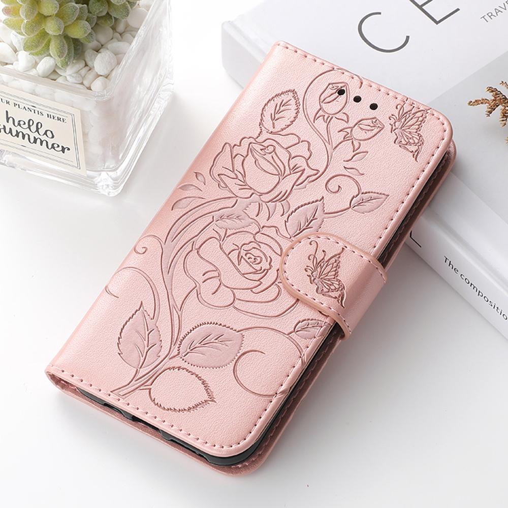 For iPhone 16e Case Wallet Stand Imprinted Rose Butterfly PU Leather Phone Cover
