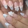 24Pcs Long Almond French Press On Nails With Pink Bow And Flower Design Oval Full Cover Fake Nail Tips