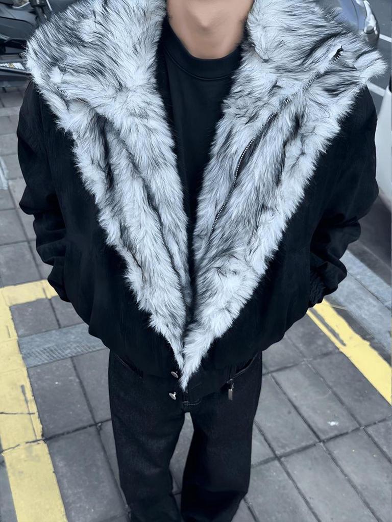 Men's American-Style Stand-Up Collar Winter Jacket - Polar Wolf King Design, Two-Piece Look, Warm Cotton, Plus Velvet Comfort