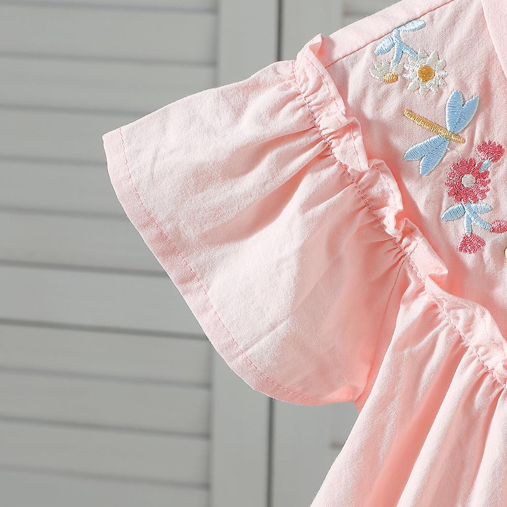 Kids 100% Cotton Fly Ruffle Sleeve Blouse 2-8 Years Floral Embroidery Doll Collar Girls Button Shirt Summer Casual Tops