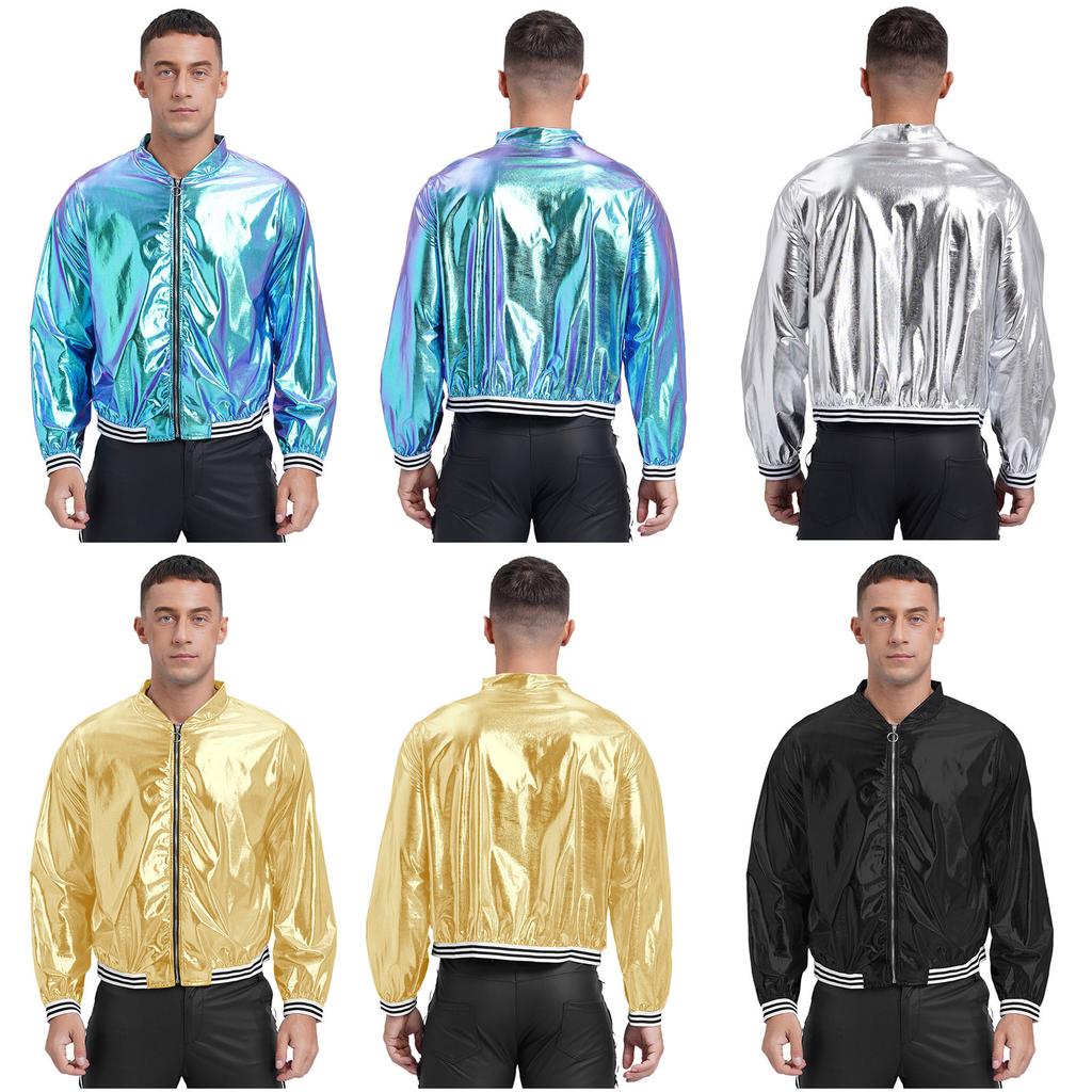 Mens Metallic Bomber Jacket Striped Band Long Sleeve Shiny Outerwear Club Coat Street Style