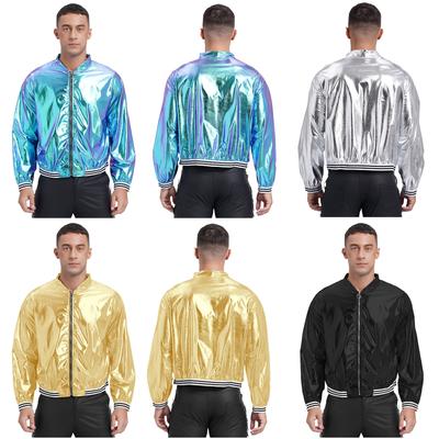Veste Bombeur Métallique Brillante Homme Manches Longues Fermeture Éclair Devant Garniture Rayée Manteau