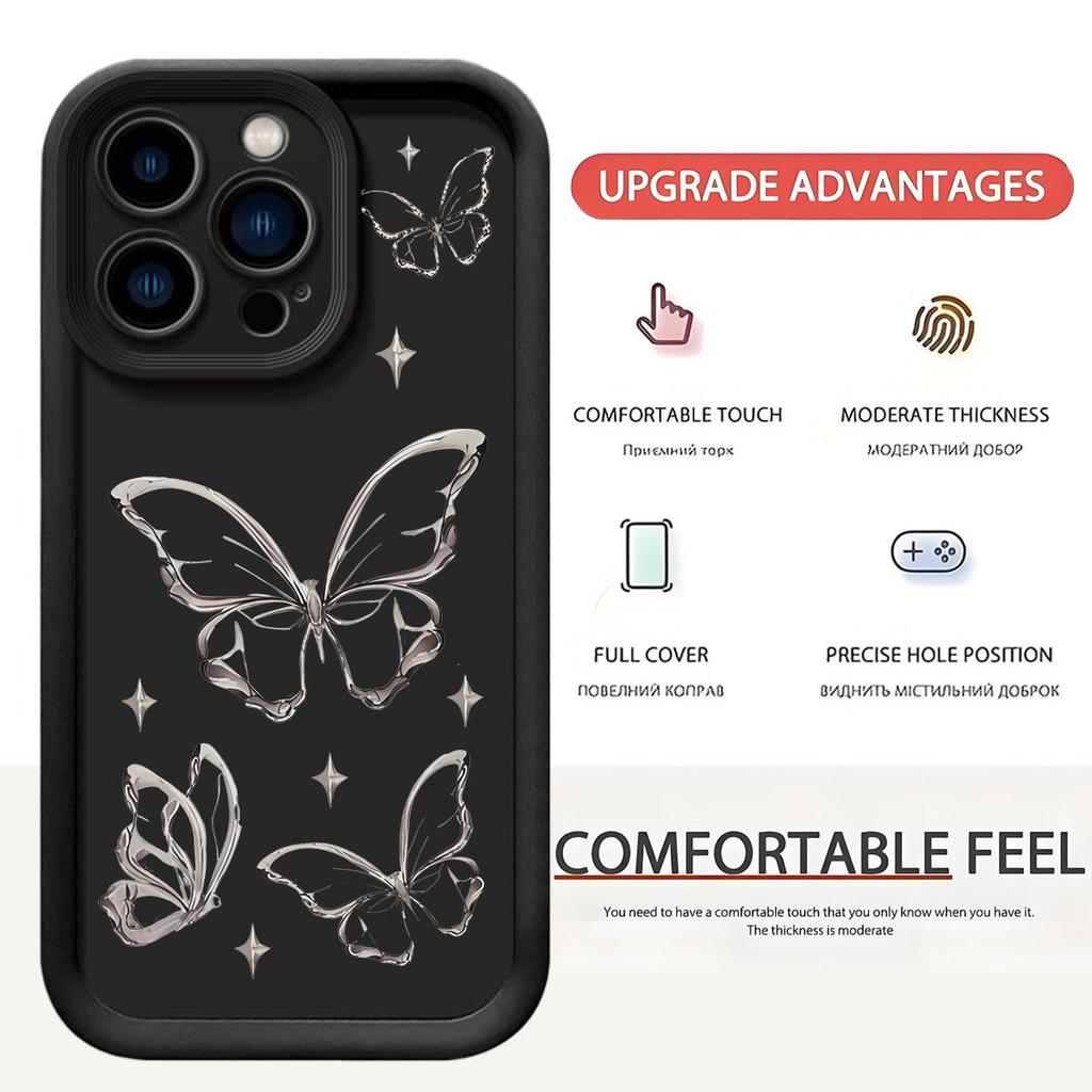 Silver Butterfly Cross Diamond iPhone 15/16/17 Case with Sand Staircase and Black Groove Design
