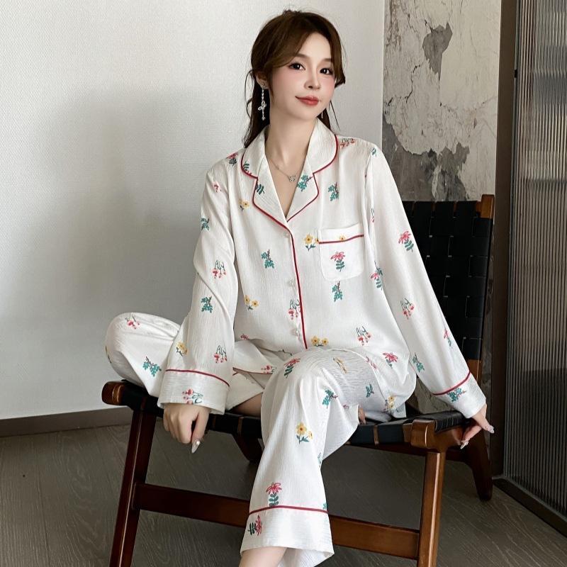 Απαλό Πυζάμα από Μετάξι Πάγου με Πριτίντ Οικιακή Φόρμα Παντελόνι Μακρυμάνικη Δροσερά Πυζάματα για Γυναίκες Άνοιξη και Φθινόπωρο