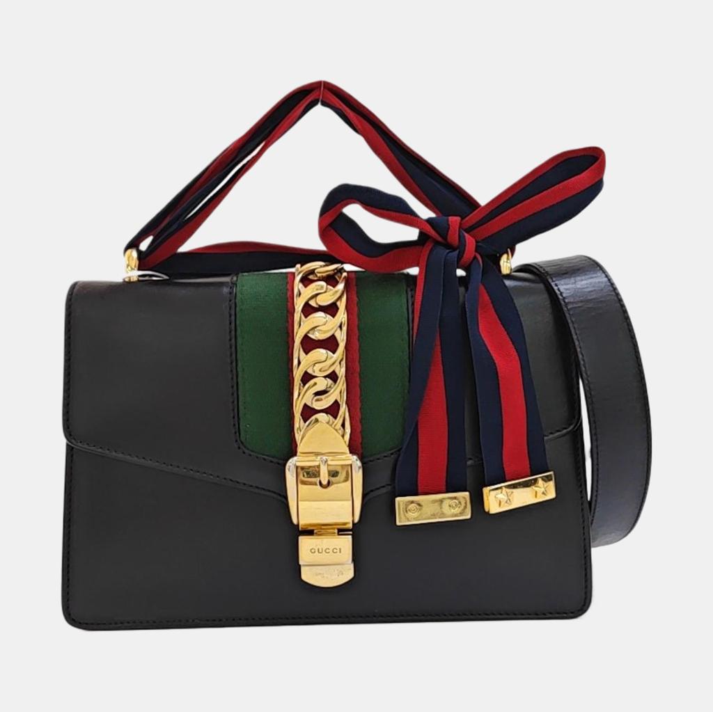 [Pre-Owned] Sylvie Gold Buckle Striped Webbing Thin Shoulder Strap Shoulder Crossbody Handbag Small - Good #RF4W08
