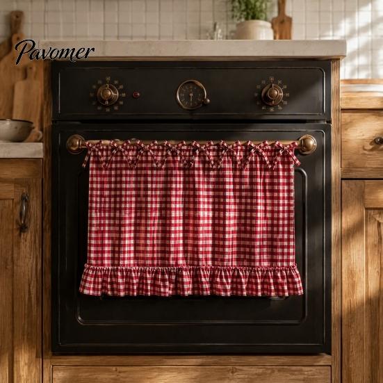 Oven Side Window Drapes Buffalo Plaid Curtain Skirt, Door with Ribbon Bows, Rustic Small Space Decor Half for Farmhouse Kitchen Sink, Cabinet,