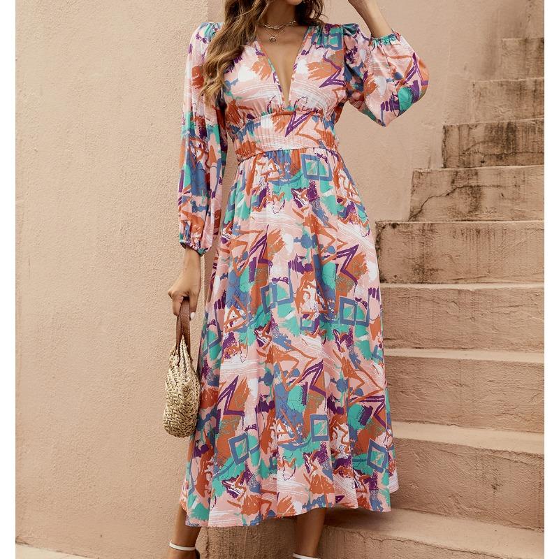 

Женское платье-фонарик с нерегулярным геометрическим принтом, глубоким V-образным вырезом и длинными рукавами M разноцветный